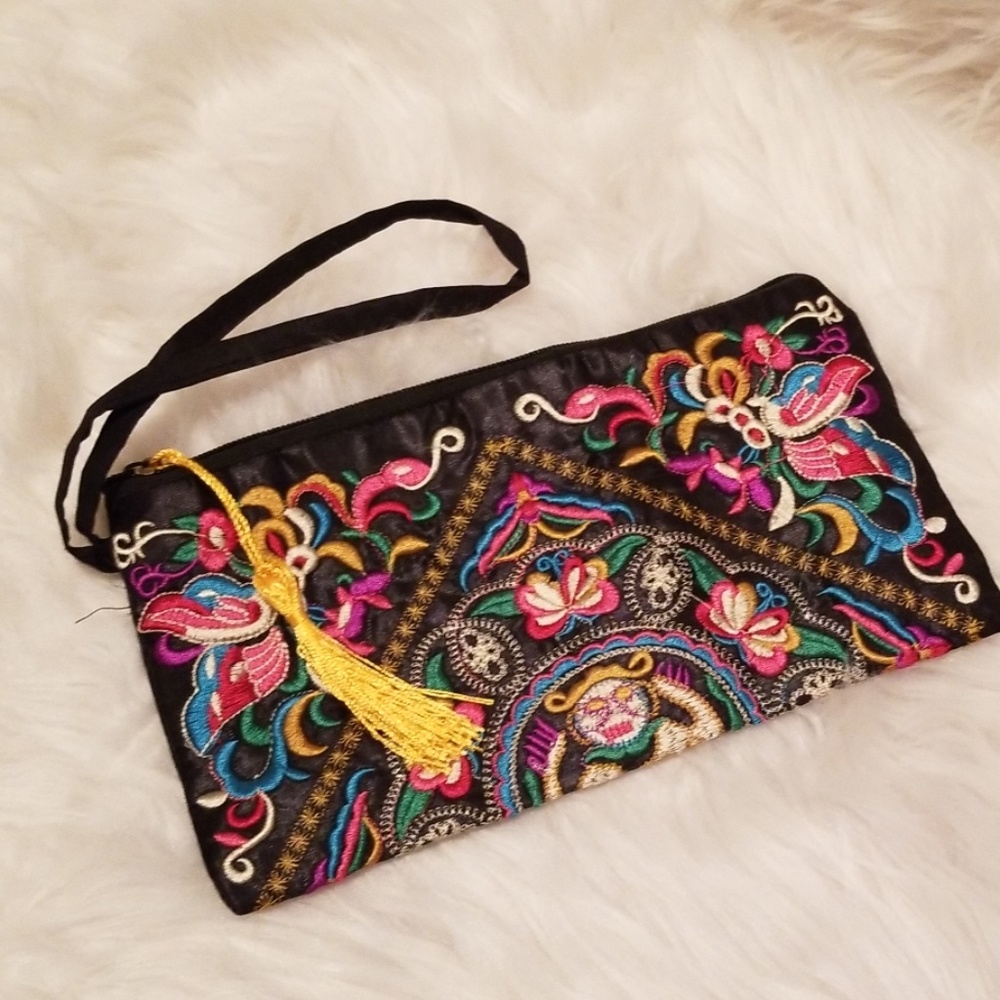 Colorful embroidered wristlet